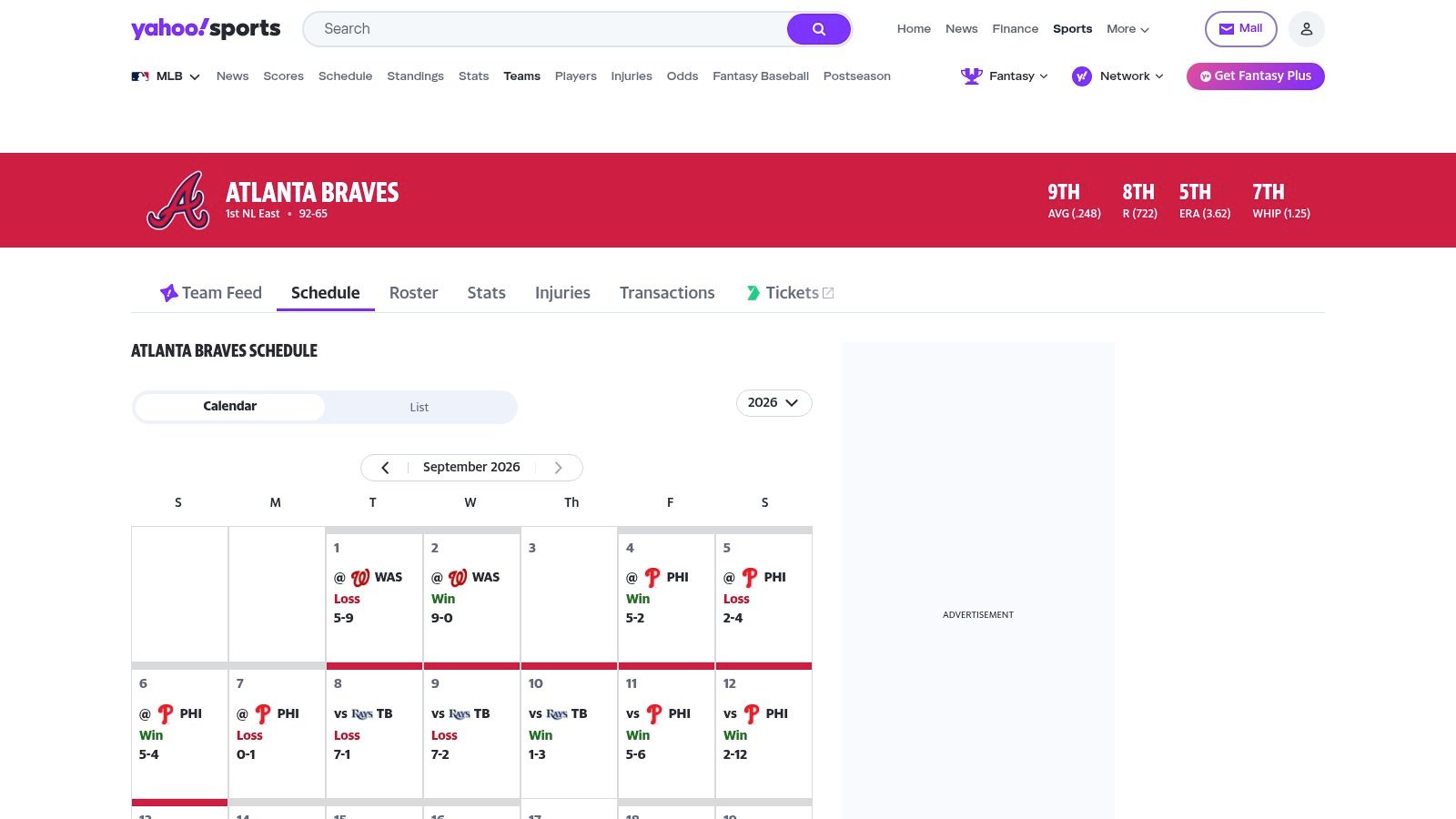 Yahoo Sports Braves Schedule