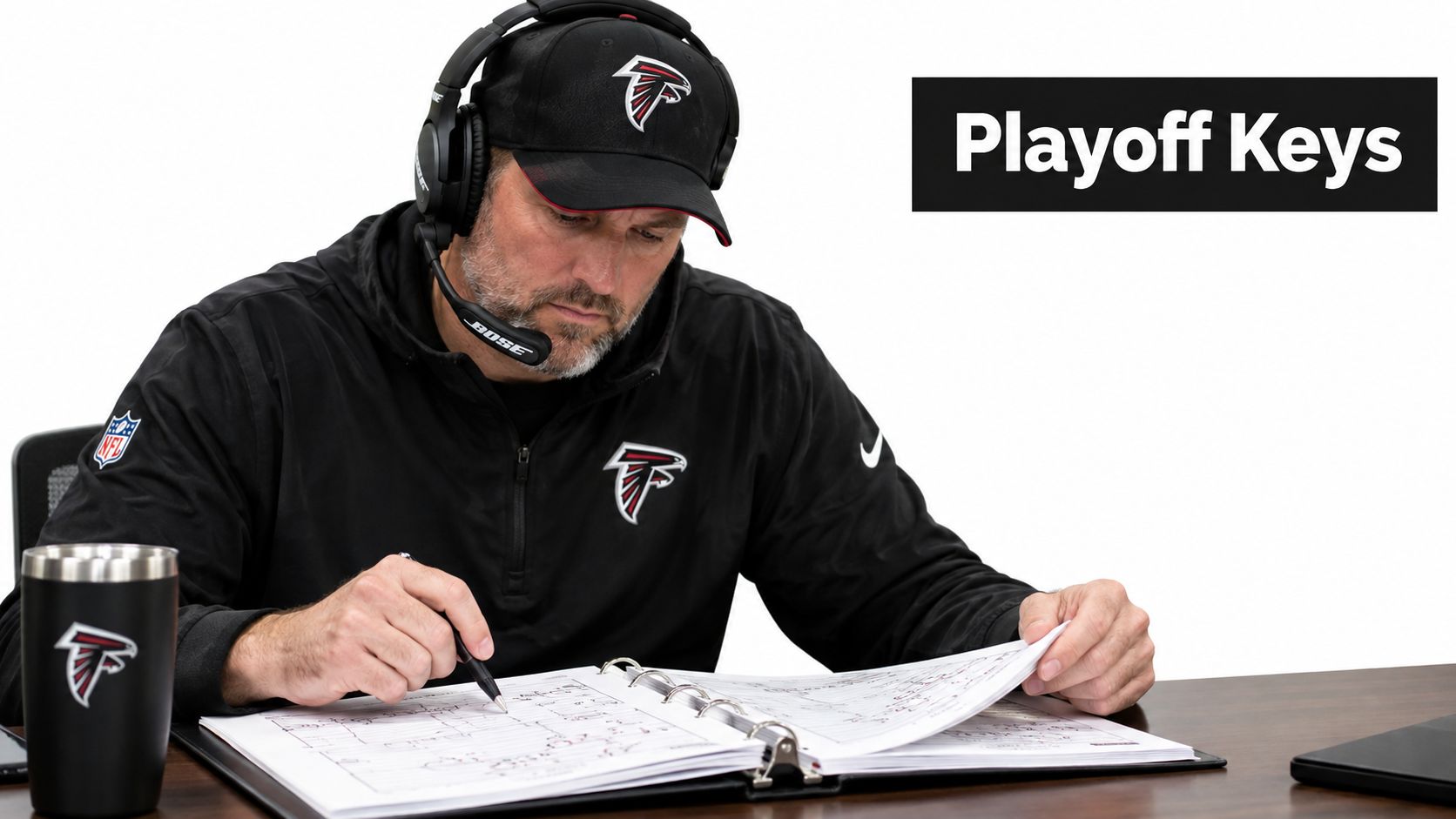 Atlanta Falcons head coach in team gear reviewing tactical playbooks at a desk with branded merchandise.