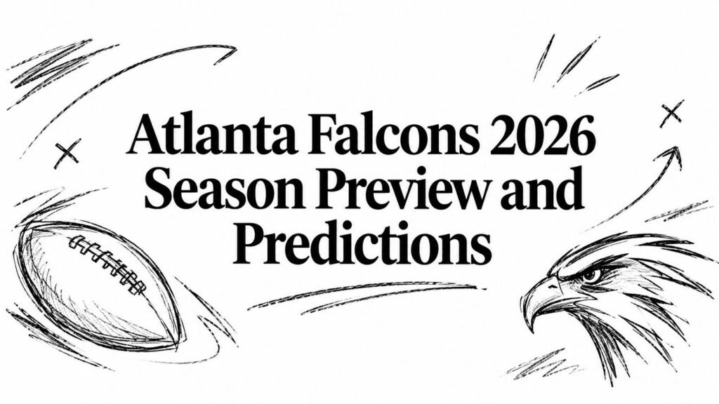 Sketch of a football and falcon head with text: Atlanta Falcons 2026 season preview and predictions.