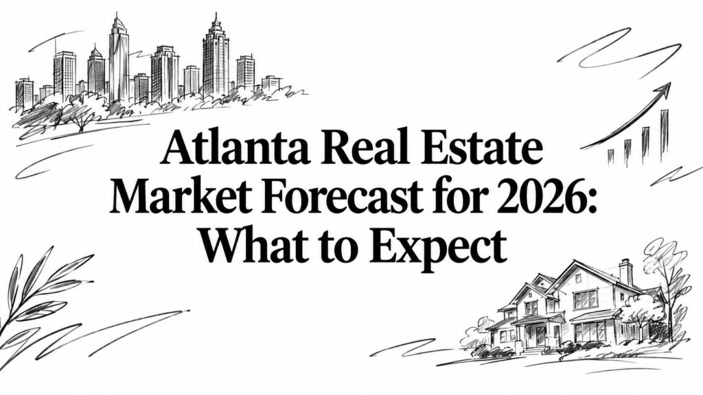 Text “Atlanta Real Estate Market Forecast for 2026: What to Expect” with building and house sketches.