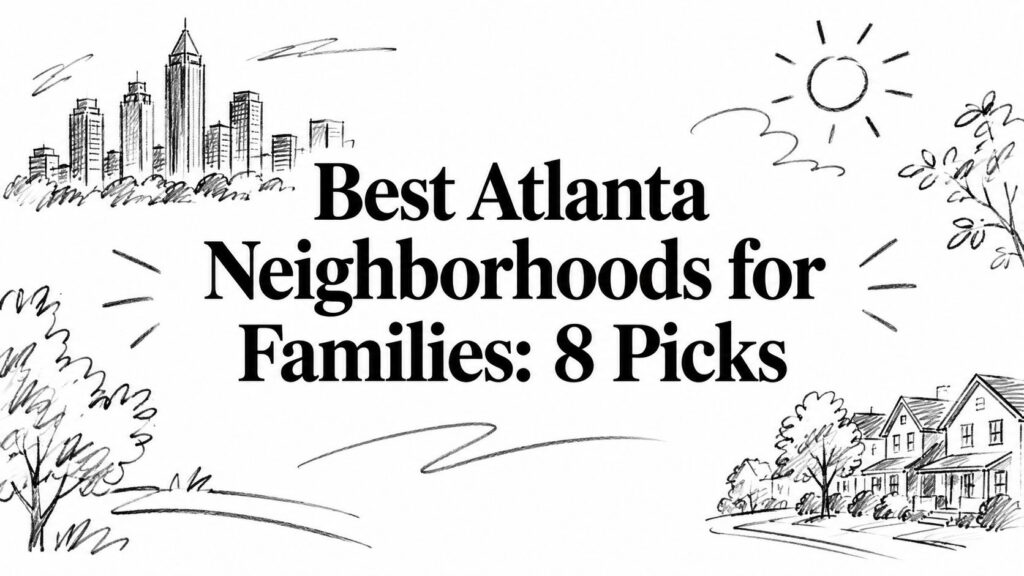 Illustration with “Best Atlanta Neighborhoods for Families: 8 Picks” text, houses, trees, and sun.