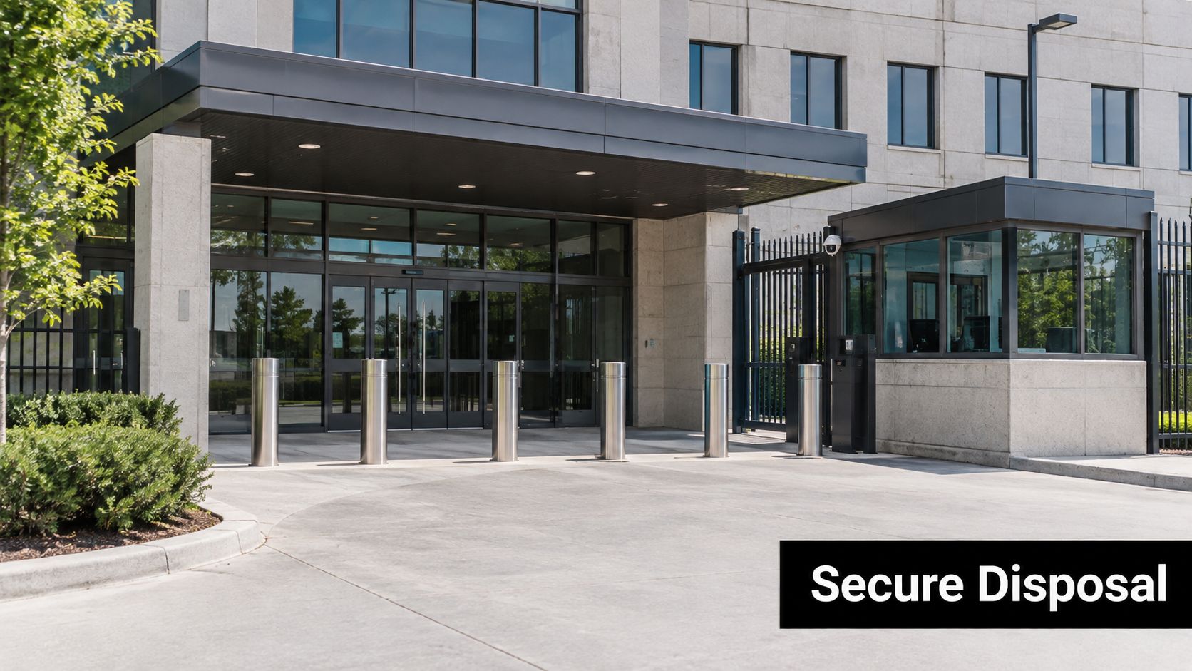 A modern building entrance with stainless steel security bollards and a guard booth in the foreground.