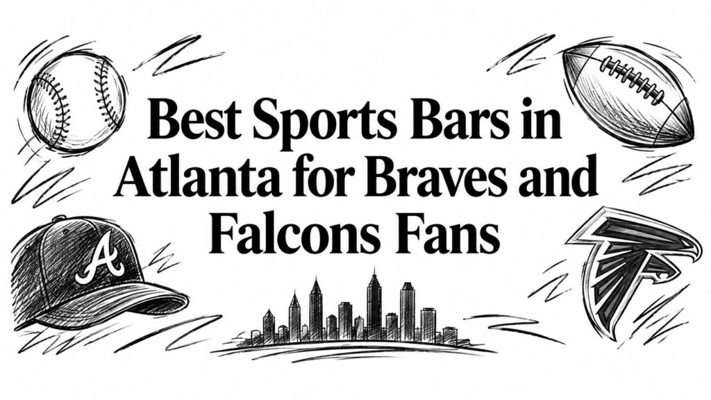 The image features “Best Sports Bars in Atlanta for Braves and Falcons Fans” text with sports drawings.
