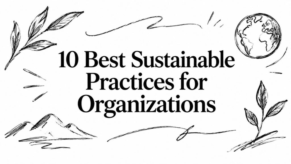 “10 Best Sustainable Practices for Organizations” features sketches of leaves, earth, and mountains.