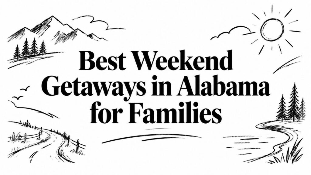 Best Weekend Getaways in Alabama for Families shown with sketched trees, rolling hills, and a bright sun.