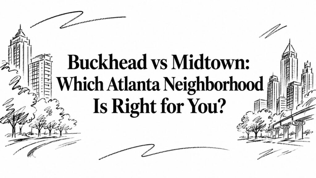 Sketched cityscape shows Buckhead and Midtown Atlanta, highlighting differences between the neighborhoods.