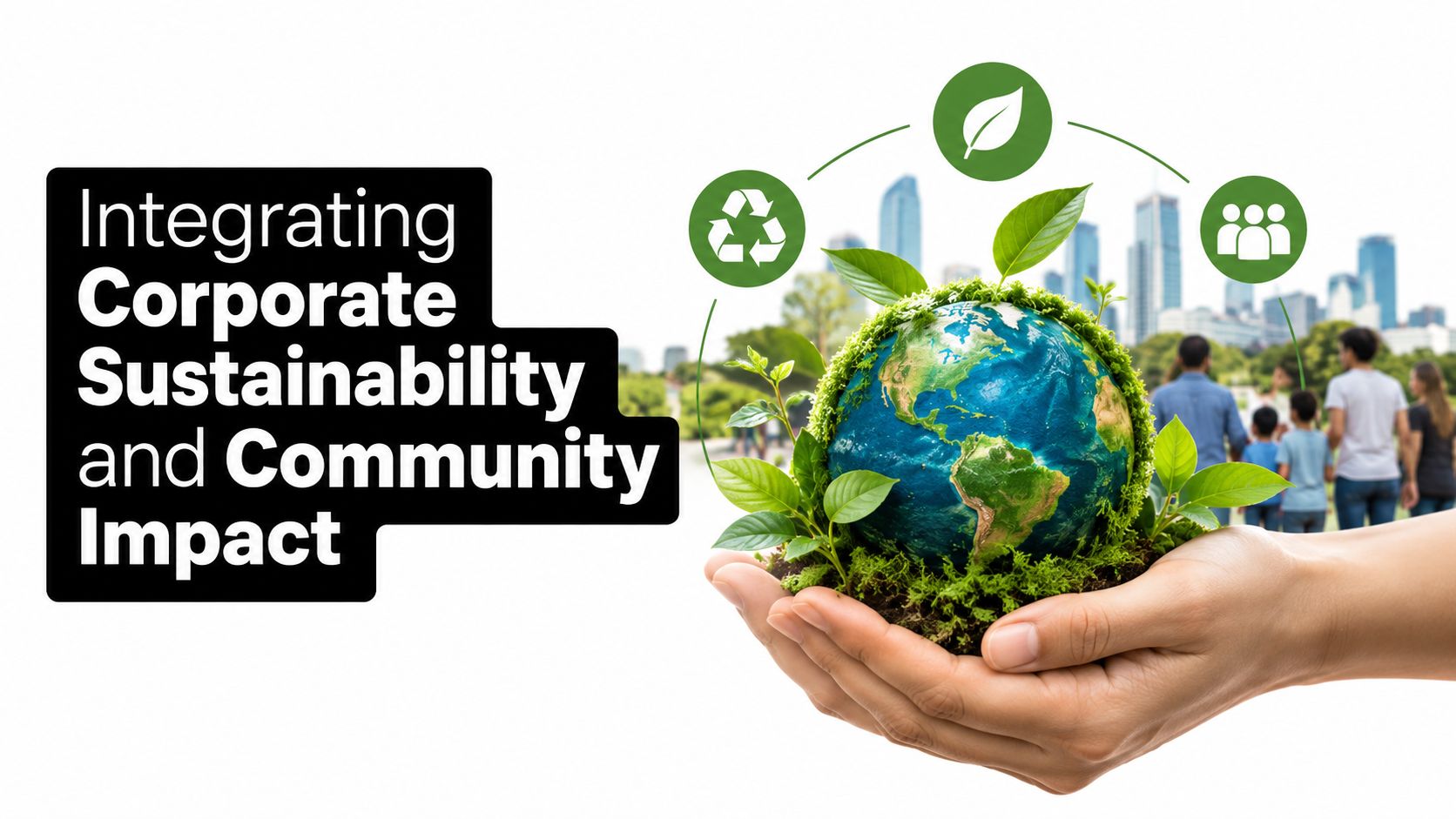 Hands holding a globe with plants and symbols representing corporate sustainability and community impact for environmental awareness.