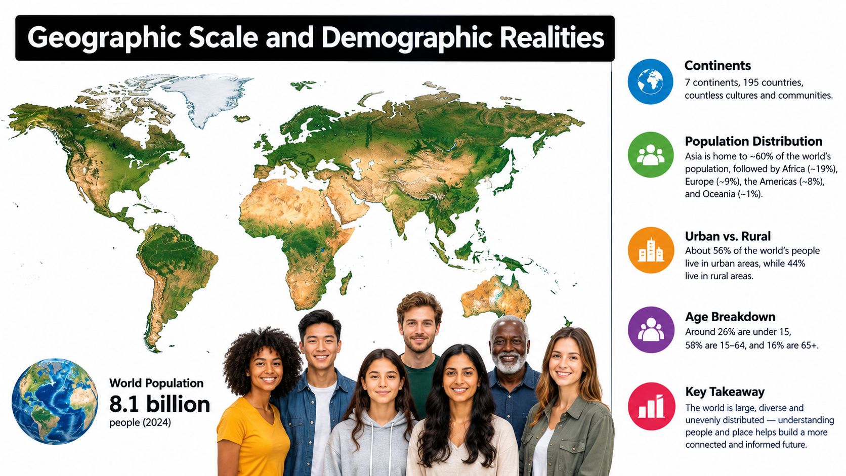 An infographic titled Geographic Scale and Demographic Realities illustrating world population distribution, age demographics, and urban statistics.