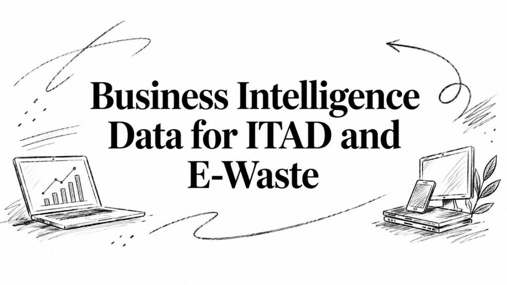 Text “Business Intelligence Data for ITAD and E-Waste” appears above sketches of a laptop and desktop computer.