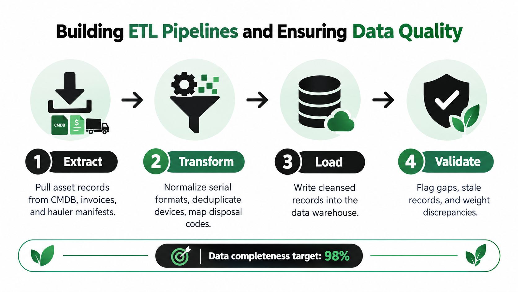 A four-step infographic explaining the ETL process including extract, transform, load, and validate for data management.