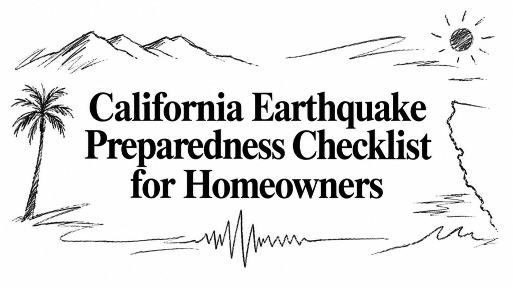 California Earthquake Preparedness Checklist for Homeowners shown with sketches of mountains, sun, and palm tree.