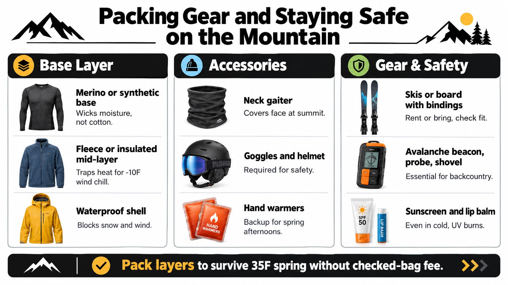 An infographic detailing essential clothing, safety equipment, and gear needed for a ski trip.