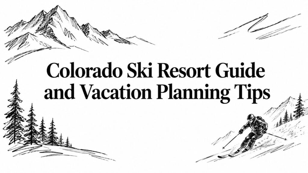 Colorado Ski Resort Guide title with drawings of snowy mountains, evergreen trees, and a skier vacation scene.