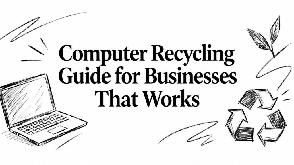 Computer recycling guide for businesses illustrated with a laptop, recycle symbol, and eco-friendly leaves.