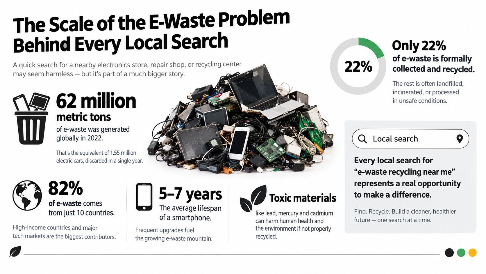 An infographic detailing the global e-waste problem, highlighting high generation rates and low recycling percentages.