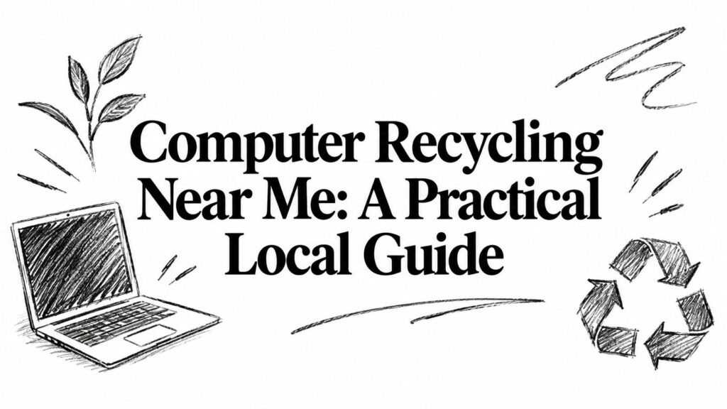 A sketch shows a laptop, recycle symbol, and leaves with the words: Computer Recycling Near Me.