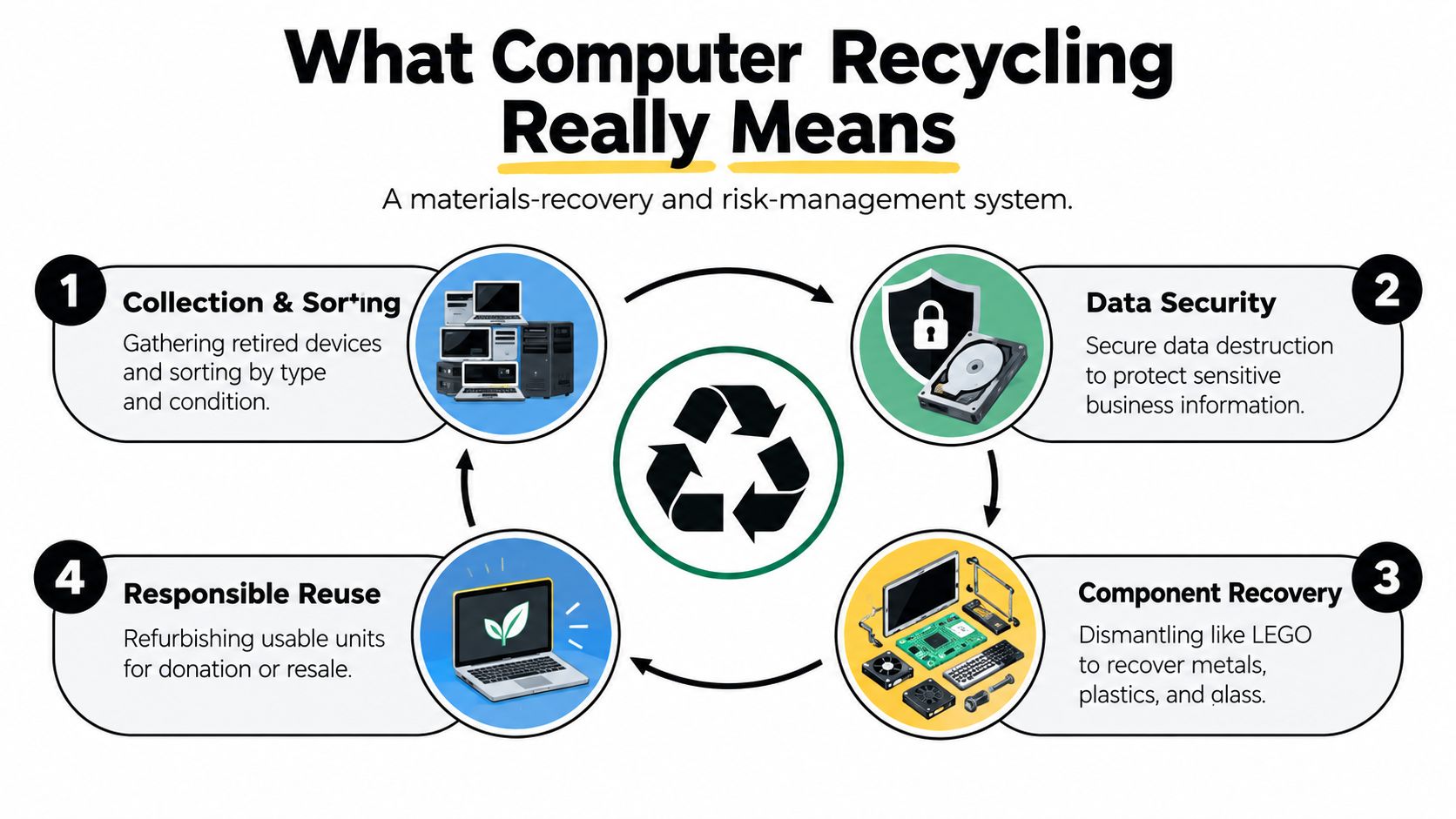 A diagram illustrating the four-step process of secure computer recycling, including collection, data security, component recovery, and reuse.