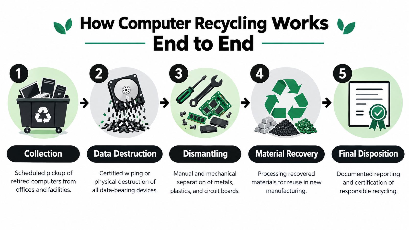 A five-step infographic showing the end-to-end process of professional computer recycling from collection to final certification.