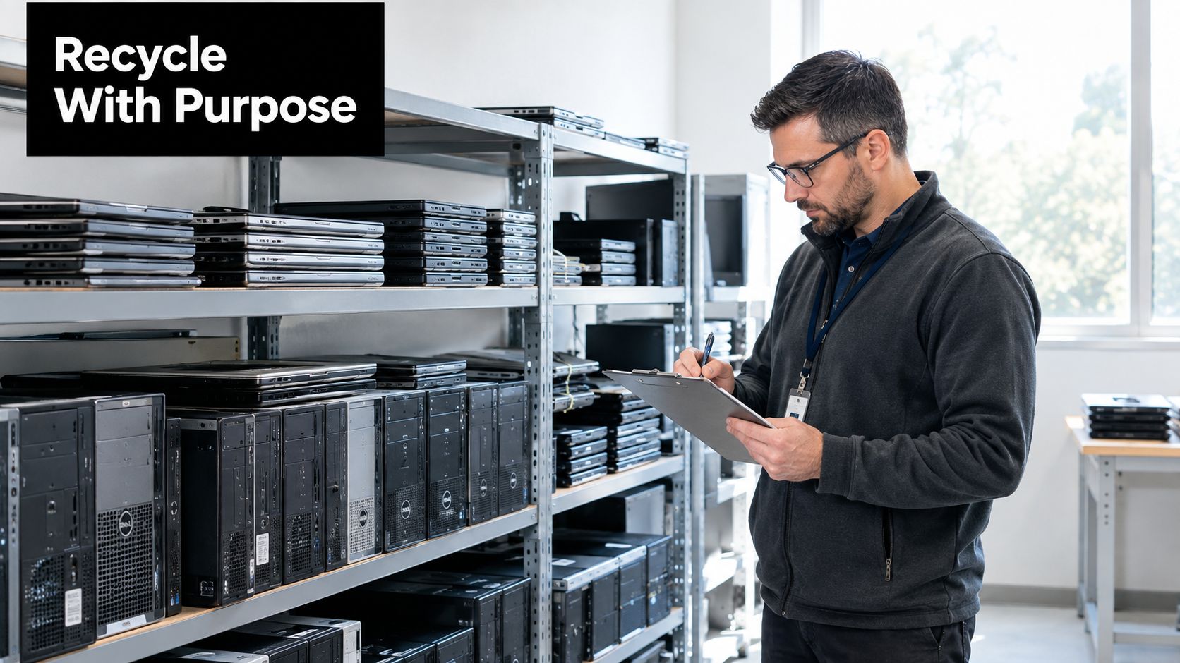 A professional man in a warehouse inspecting and documenting stacked computers for a recycling program.