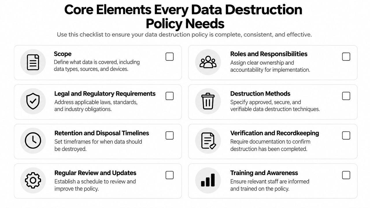 A checklist infographic outlining the essential elements required for creating an effective corporate data destruction policy.