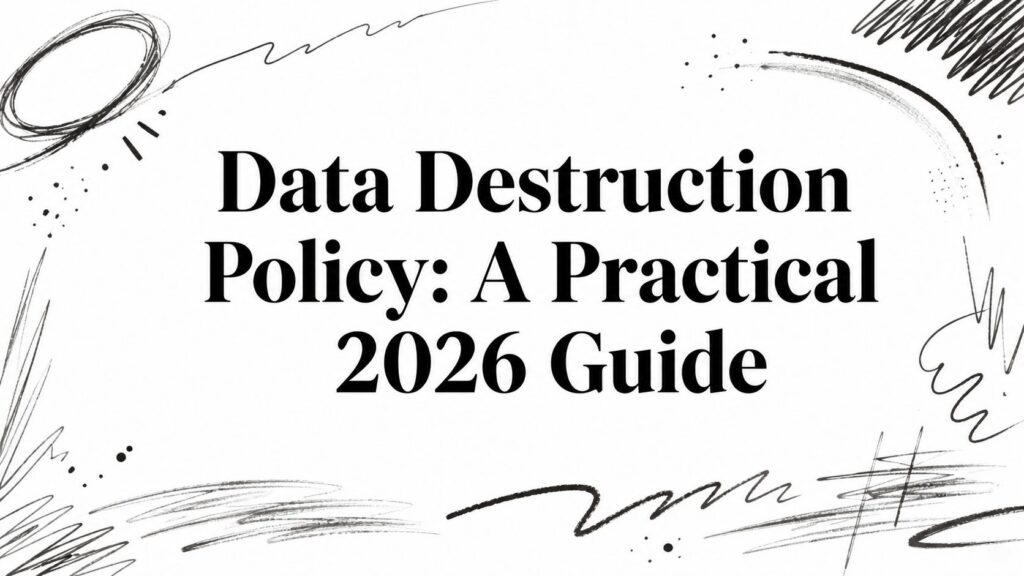 Data Destruction Policy: A Practical 2026 Guide cover with abstract black line designs on white background.