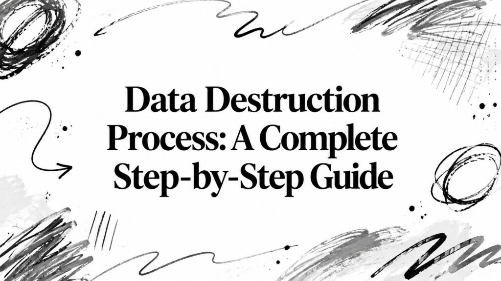 The image displays the text “Data Destruction Process: A Complete Step-by-Step Guide” on black scribbles.