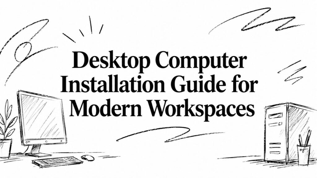 Sketch of a desktop, monitor, keyboard, and plant with the text “Desktop Computer Installation Guide”.