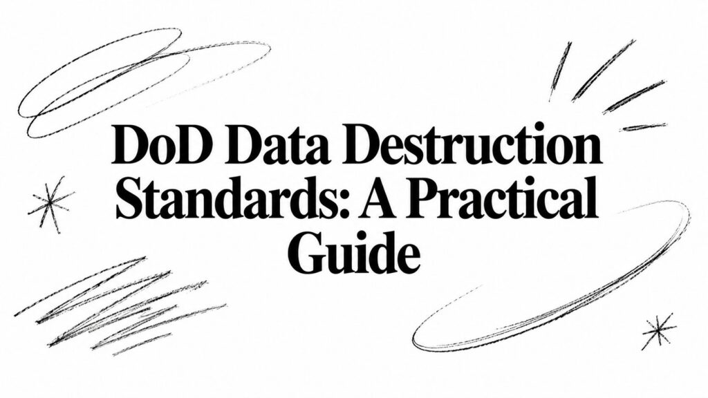 The image shows the text “DoD Data Destruction Standards: A Practical Guide” and abstract black line art.