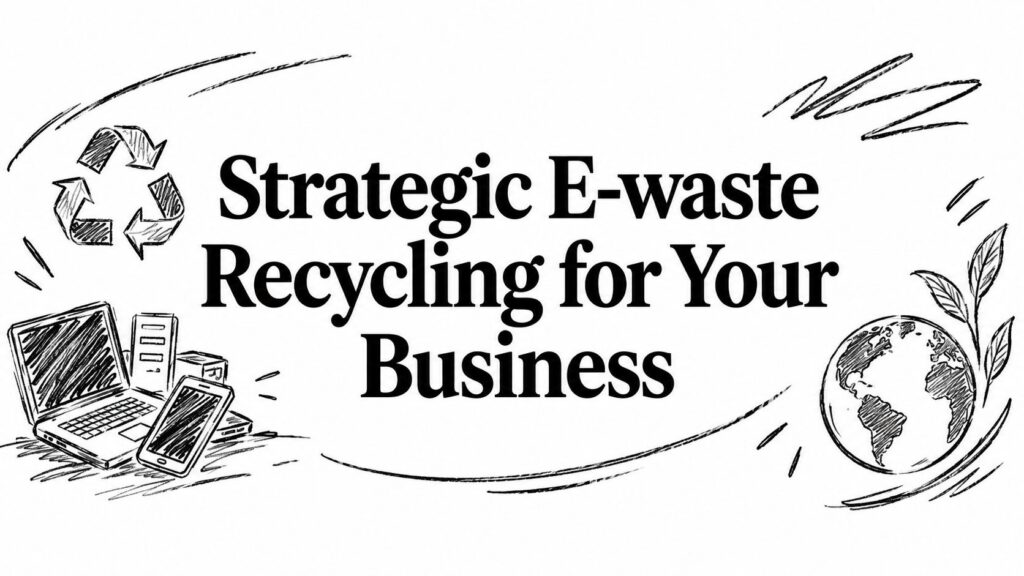 Sketches of electronics, a recycle symbol, and globe highlight strategic e-waste recycling for business.