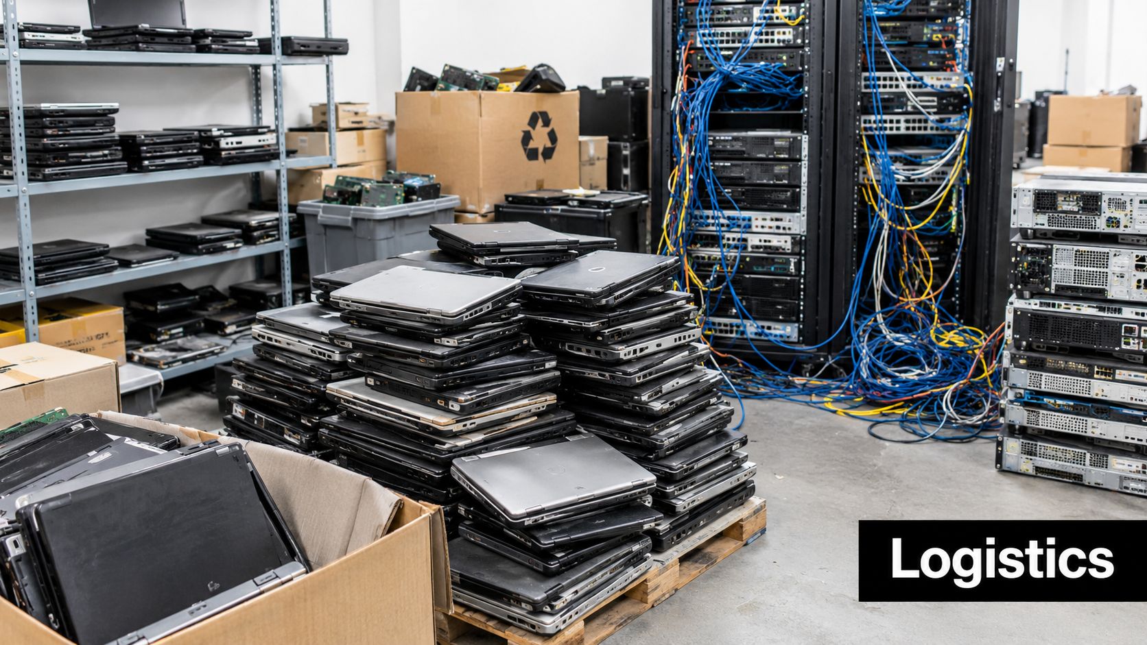 A warehouse storage room filled with stacks of old laptops, computer servers, and piles of electronic waste.