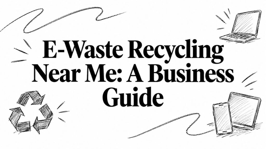 E-Waste Recycling Near Me: A Business Guide with sketches of electronics and a recycle symbol shown.