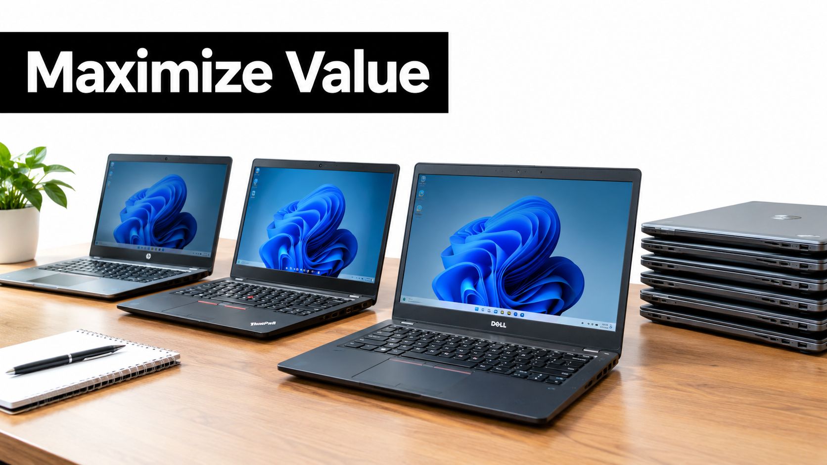 A row of various laptops on a wooden desk with a stack of laptops for recycling.