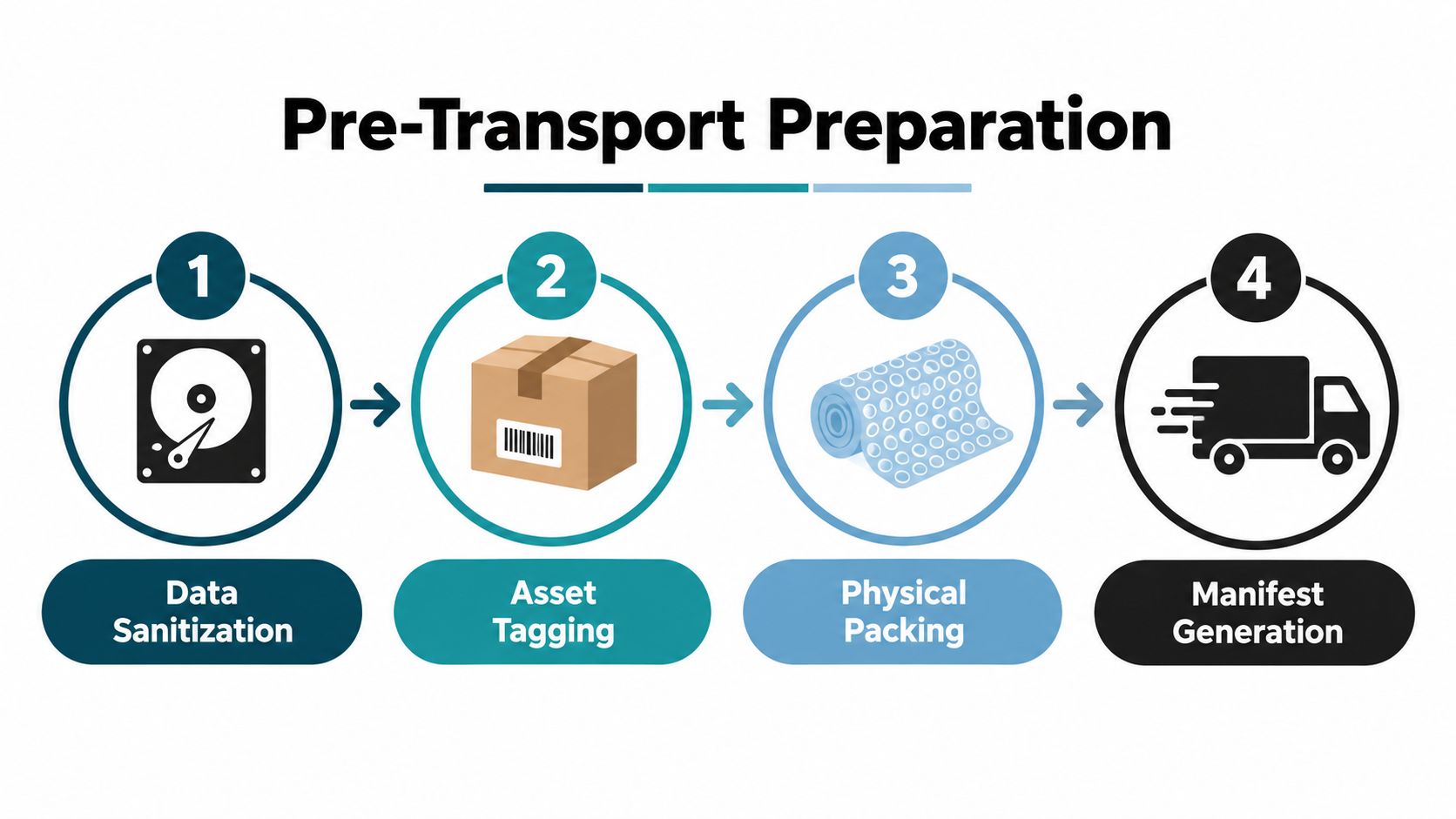 A four-step infographic illustrating the pre-transport preparation process for electronic equipment, including sanitization, tagging, packing, and manifests.