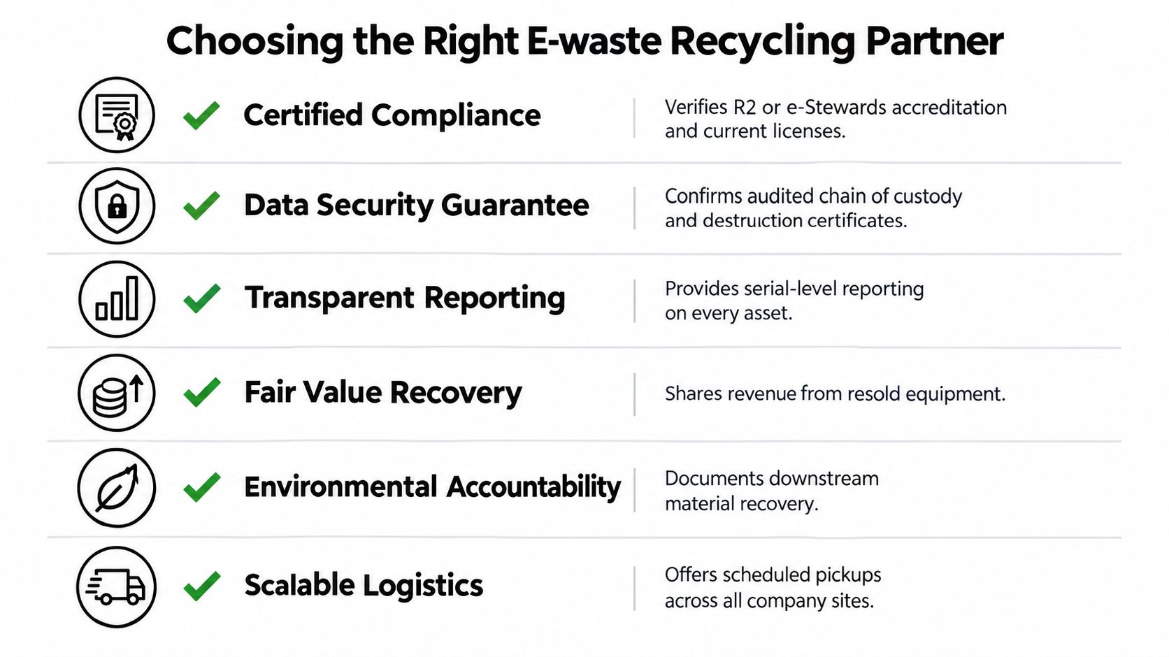 A checklist infographic outlining key factors for choosing the right professional e-waste recycling business partner.