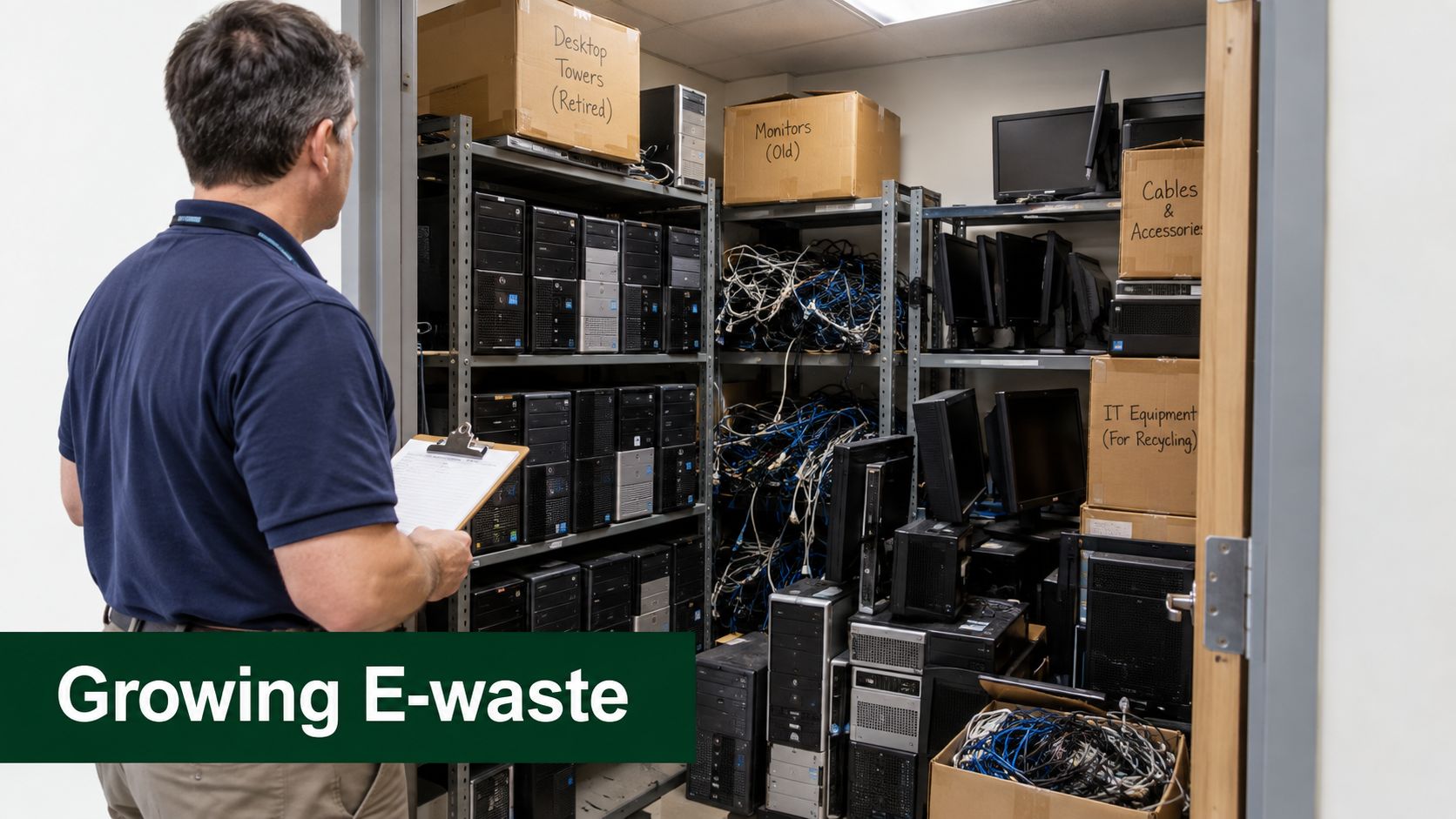 A professional man inspecting a storage room overflowing with old computer towers, monitors, and tangled cables.