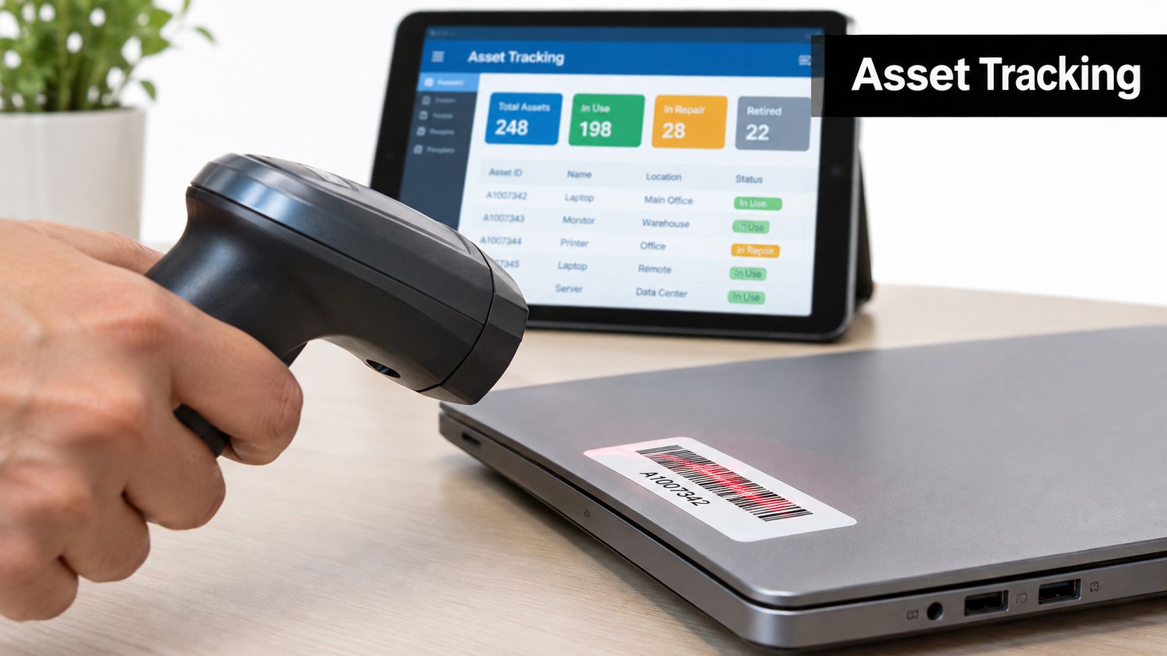 A person using a handheld barcode scanner to scan an asset label on a silver laptop.