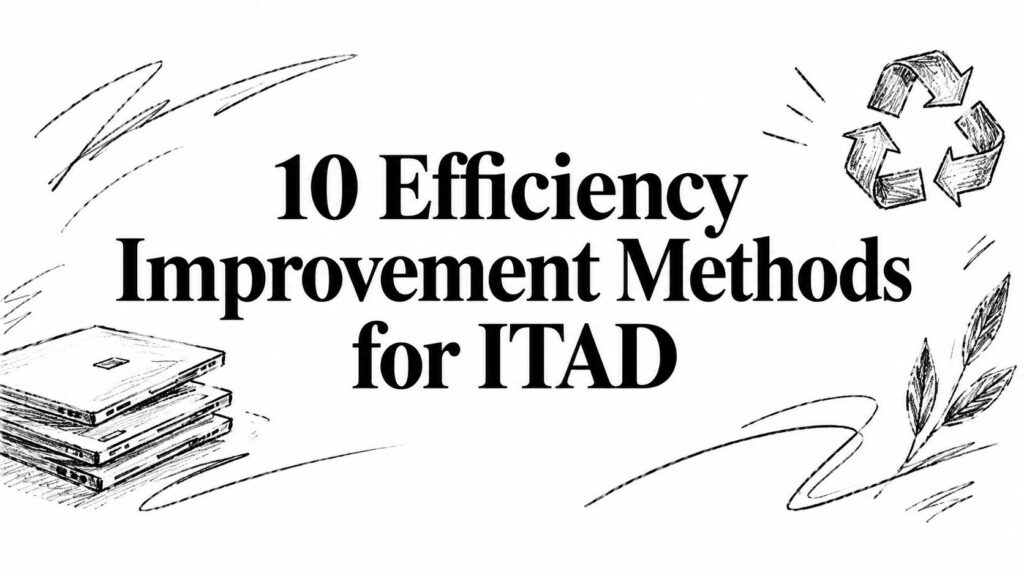 The text “10 Efficiency Improvement Methods for ITAD” with hand-drawn books, leaves, and a recycling icon.