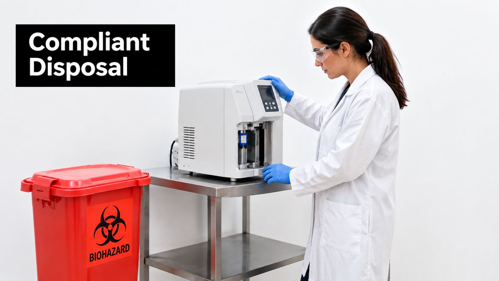 A female scientist in a lab coat and safety goggles operating equipment near a biohazard disposal container.