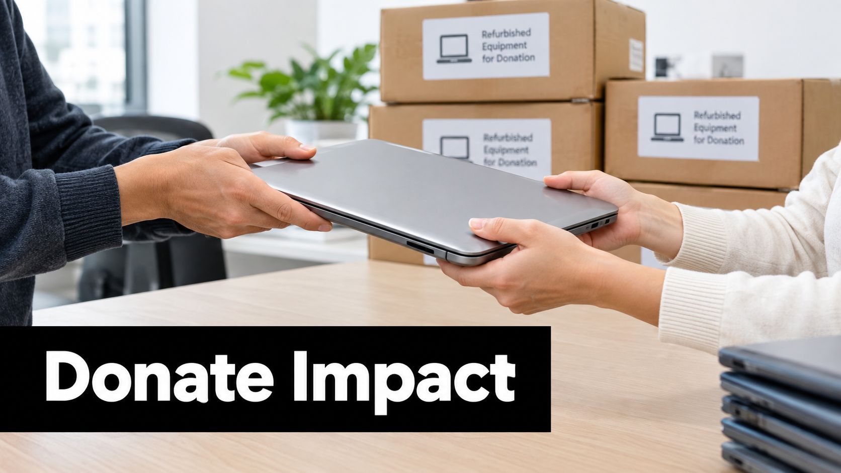 A person handing a laptop to another person as a donation for refurbished equipment impact program.