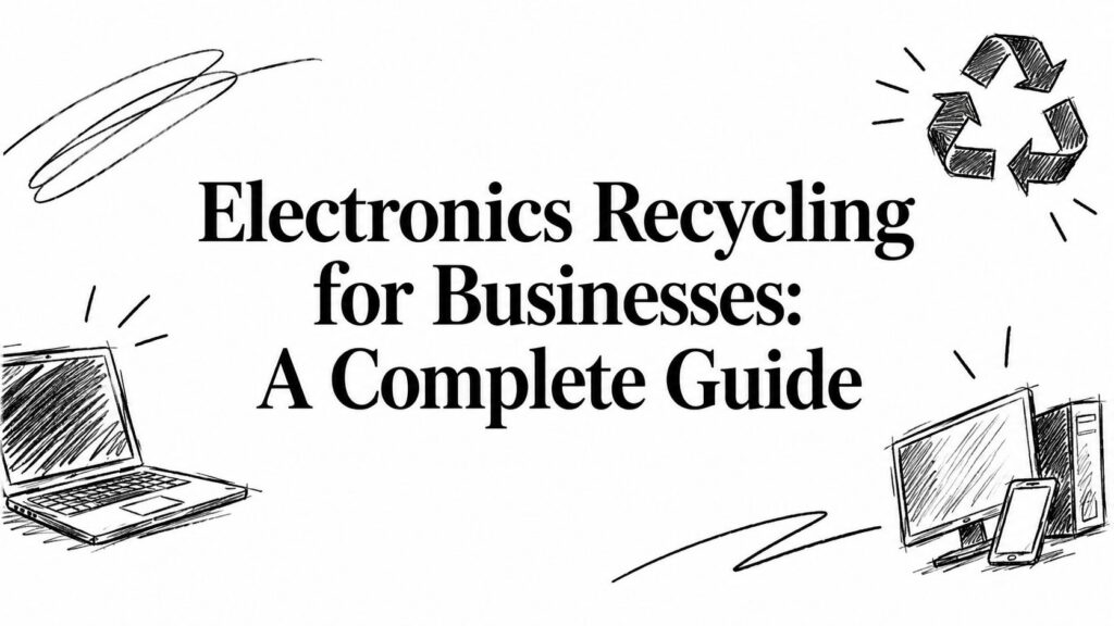 Sketches depict electronics recycling, laptop, and desktop for business recycling guide content.