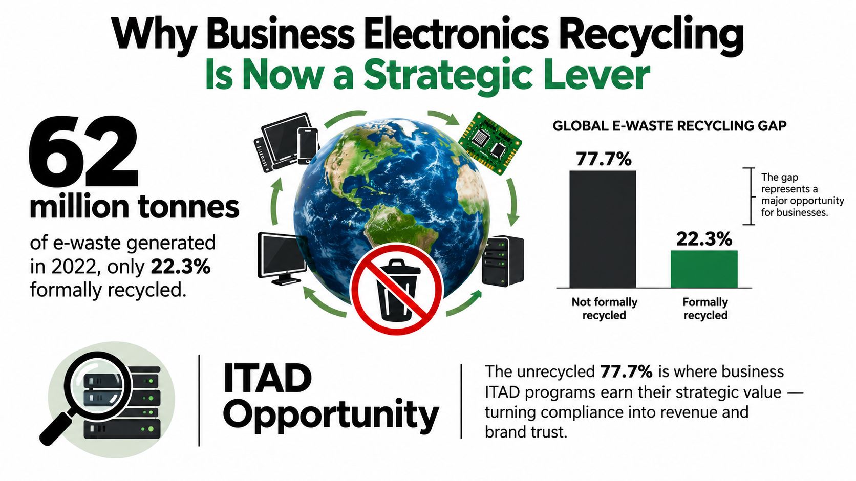 An infographic showing that 62 million tonnes of e-waste are generated globally, with only 22.3 percent recycled.