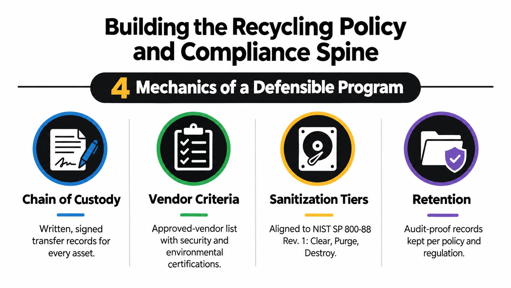 A diagram outlining the four mechanics for a defensible business electronics recycling and compliance policy program.