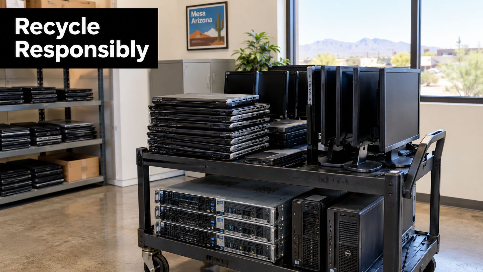 A cart loaded with laptops and computer servers for responsible electronics recycling in a Mesa office.