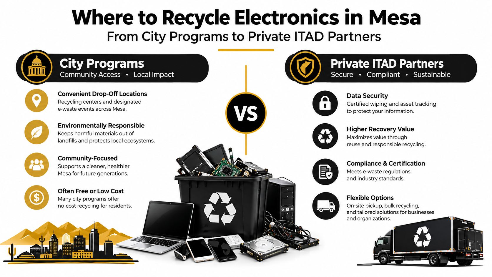 An infographic comparing municipal e-waste programs and private ITAD services for electronics recycling in Mesa, Arizona.