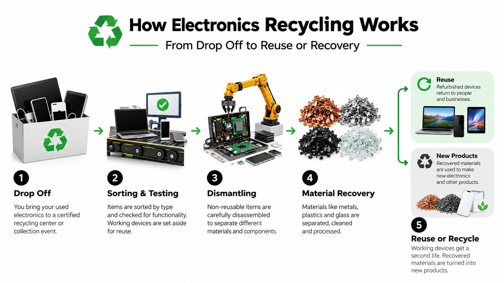 An infographic showing the five-step process of electronics recycling, from drop off to reuse and material recovery.