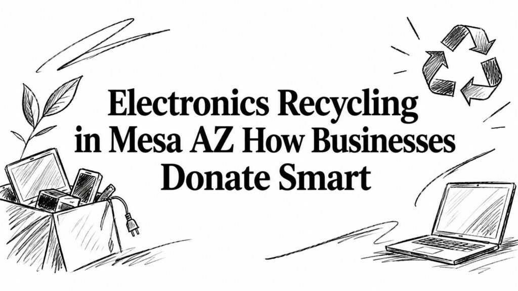 Box of electronics, recycling symbol, and a laptop sketched in black and white for Mesa, AZ recycling.