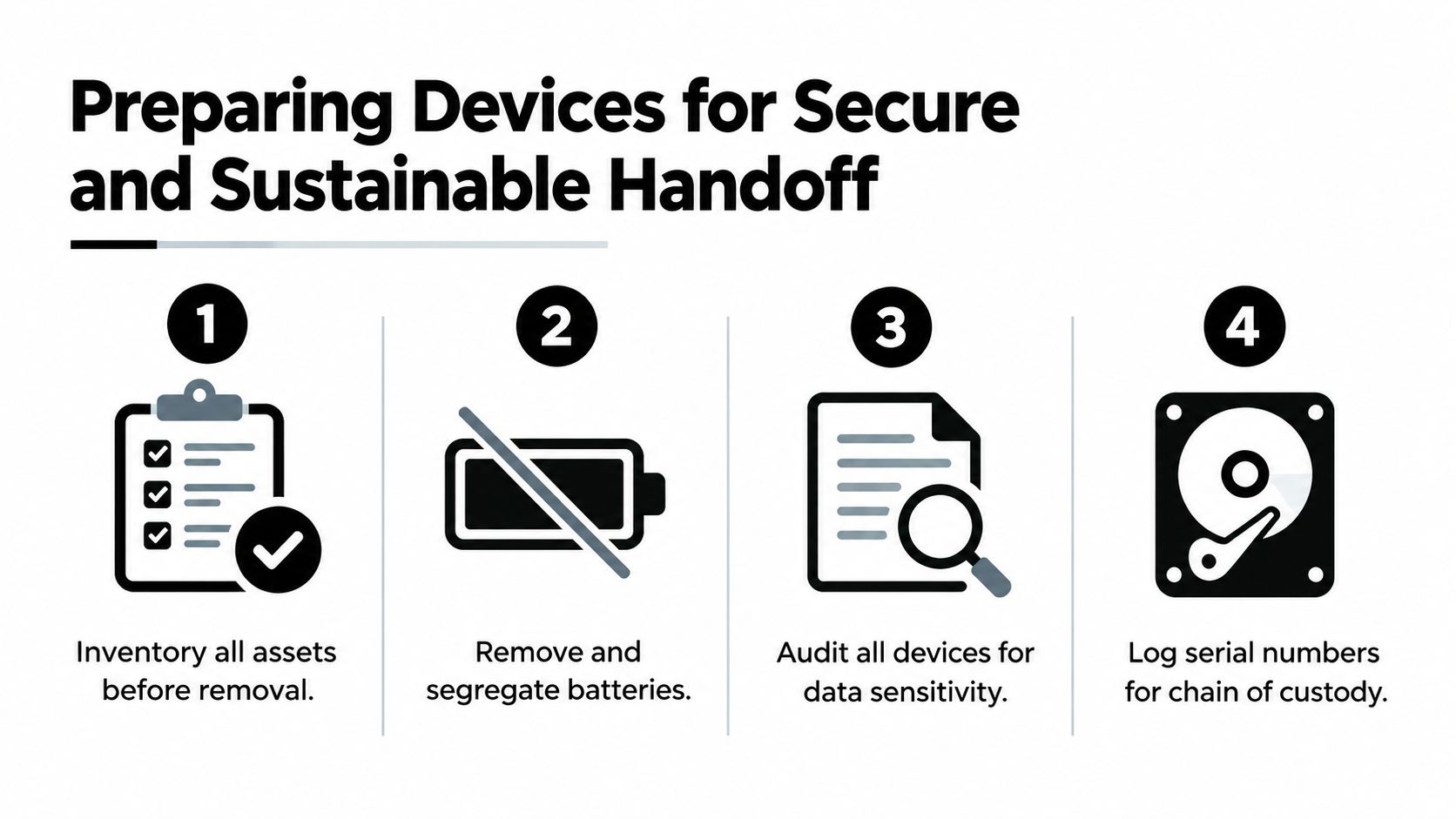 A four-step checklist illustration for preparing devices for a secure and sustainable handoff or recycling process.