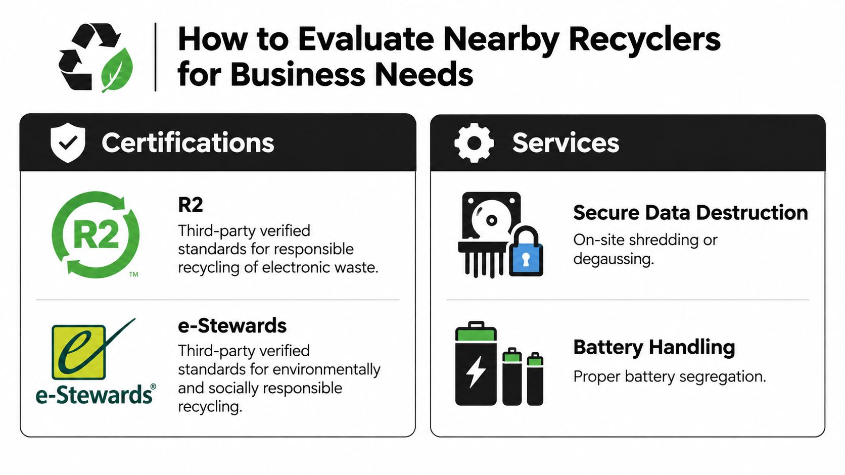 An infographic titled How to Evaluate Nearby Recyclers for Business Needs, outlining key certifications and essential recycling services.