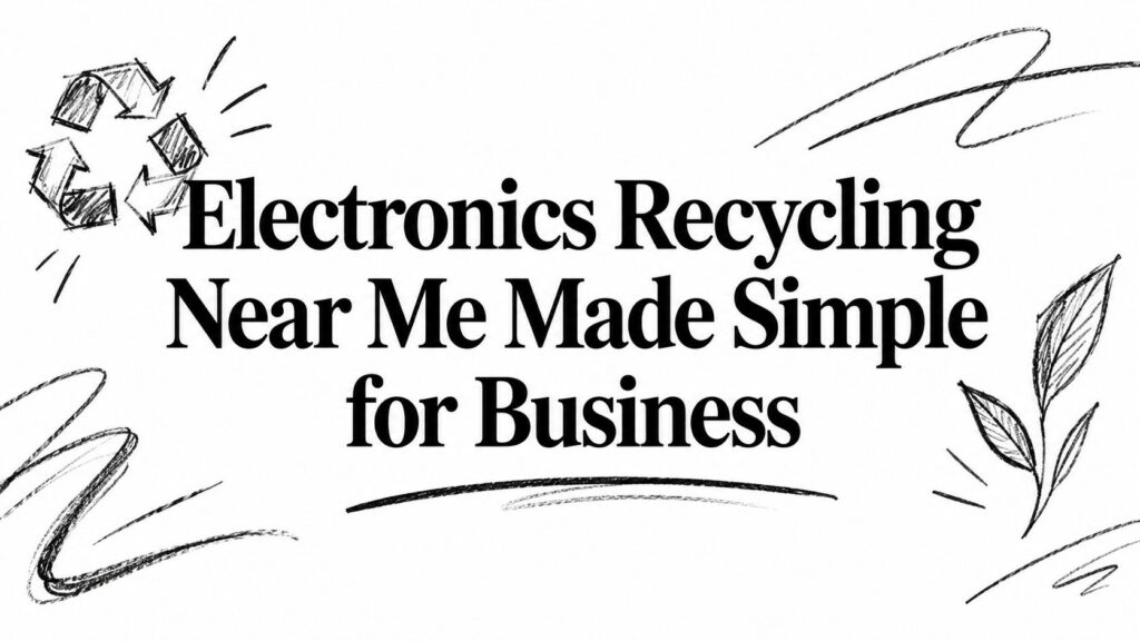 Text reads “Electronics Recycling Near Me Made Simple for Business” with recycle and leaf doodles.
