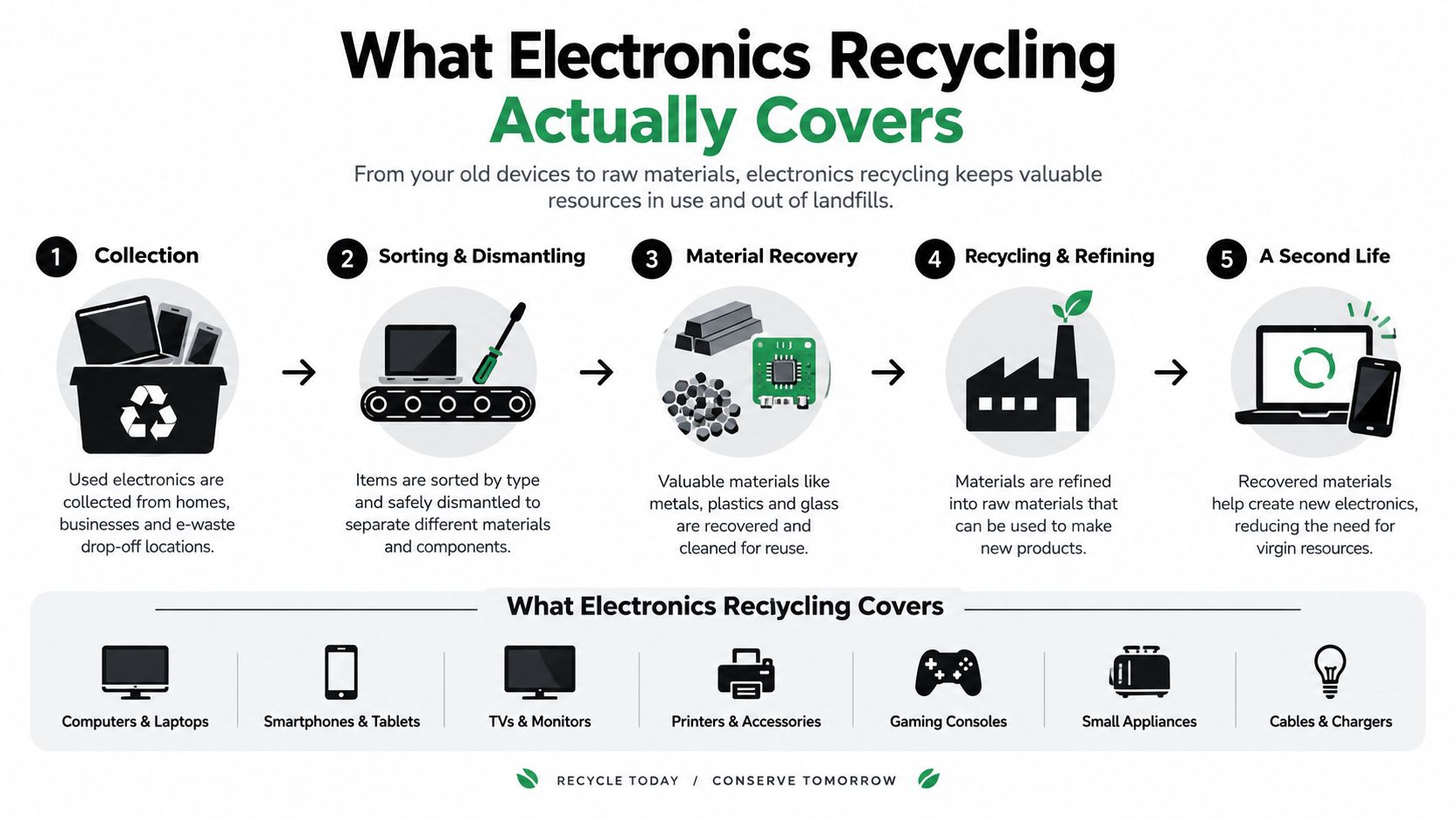 A five-step infographic showing the electronics recycling process and common devices that can be recycled.